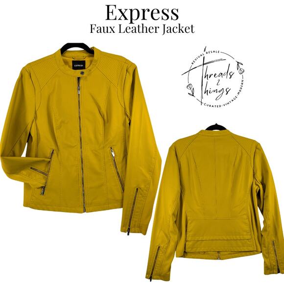 Express Faux Leather Jacket Women Lg Yellow Zip Classy Moto Fall Punk Grunge NWT - Picture 1 of 12